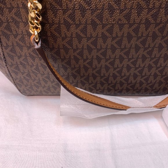 Michael Kors Jet Set Travel Logo Brown Large Shoulder Tote Gold Chain NWT - Picture 12 of 14
